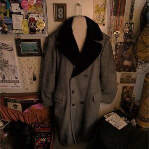 Vintage Herringbone Striped Overcoat Men's 38 Small/Medium Brown Wool Fur Lined
